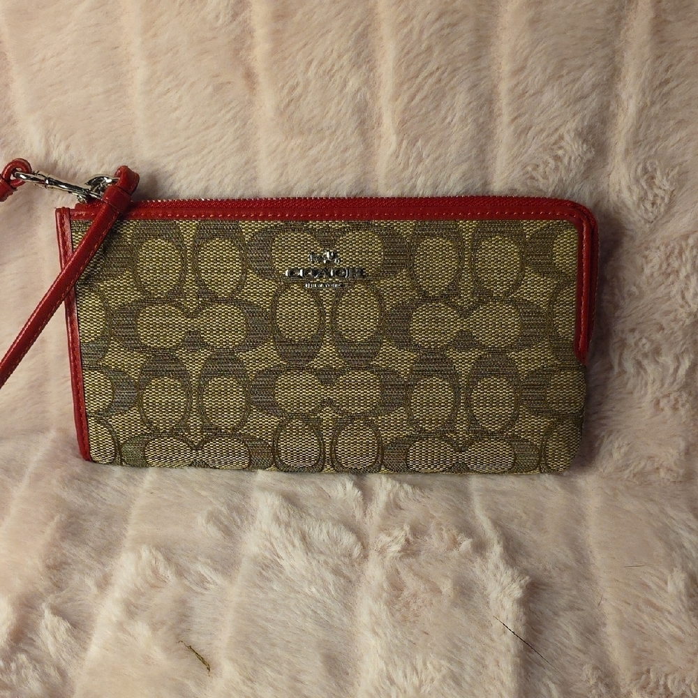 Coach Jacquard And Red Leather Wallet With Strap